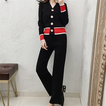 

Spring Knitted Cardigans Pants Women 2 Pieces Sets Contrast Color Single Breasted V-neck Sweater Top + Wide Leg Pants Suits A071