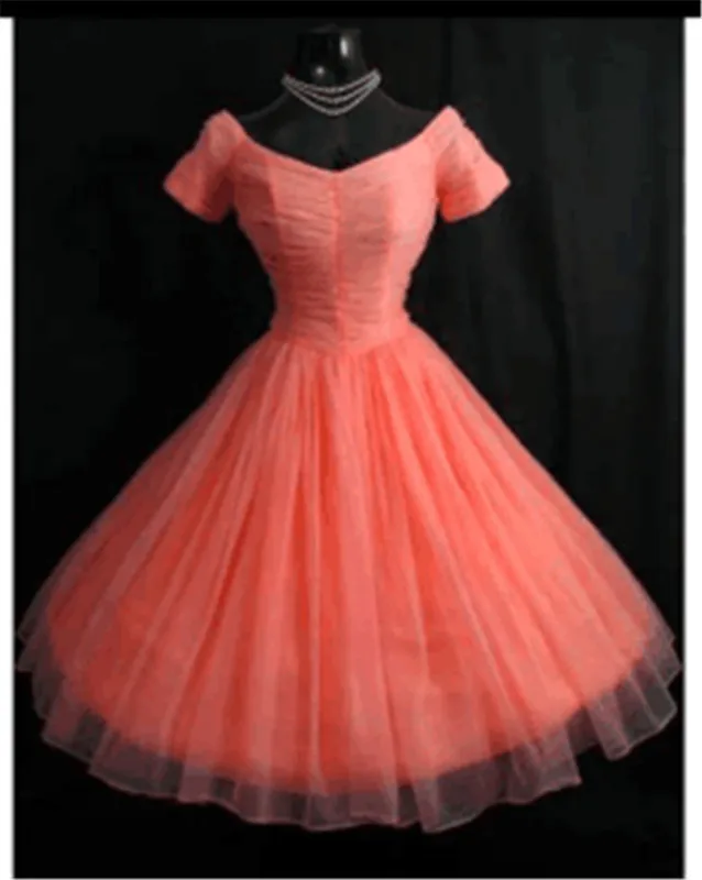 Elegant Cocktail Dress V-neck Short Sleeves Party Gown Orange Tea Length Pleated Organza Short Party Cocktail Gown