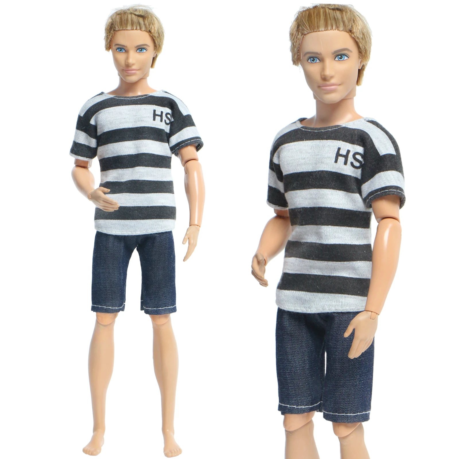 Handmade 1 Set Men Casual Outfits Daily Wear Black White Stripe T-shirt Top Pants Jeans Clothes for Barbie Doll Ken Toy | Игрушки и