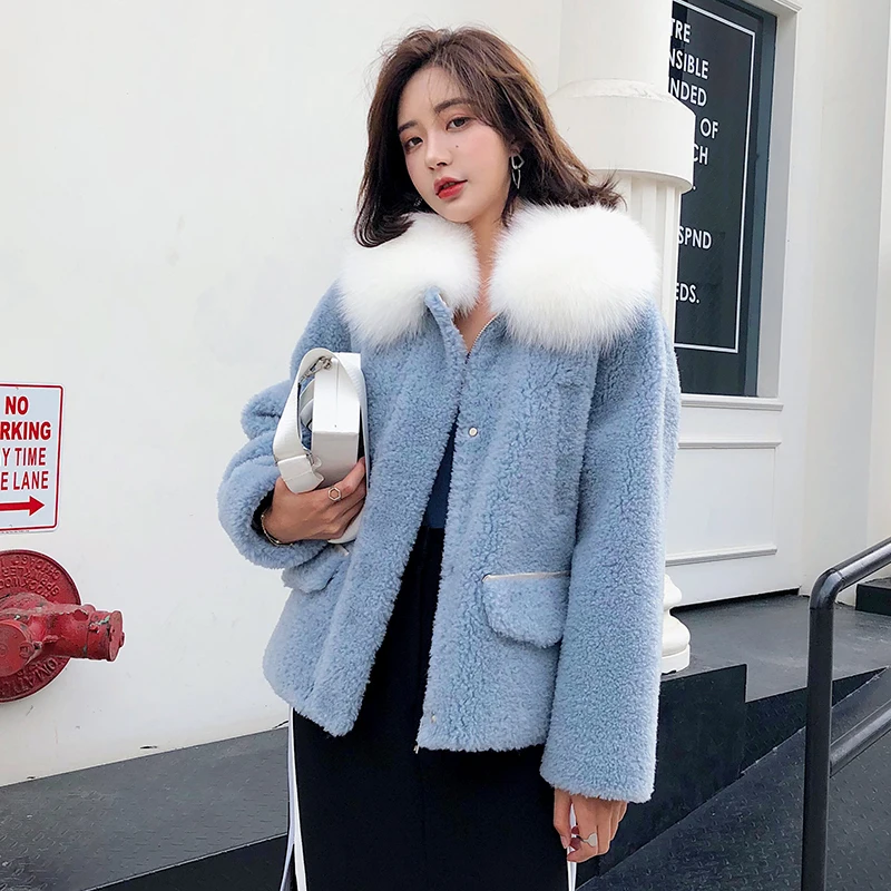 

Real Fur Coat Fox Fur Collar 100% Wool Jacket Autumn Winter Coat Women Clothes 2019 Korean Vintage Sheep Shearling Tops ZT3553