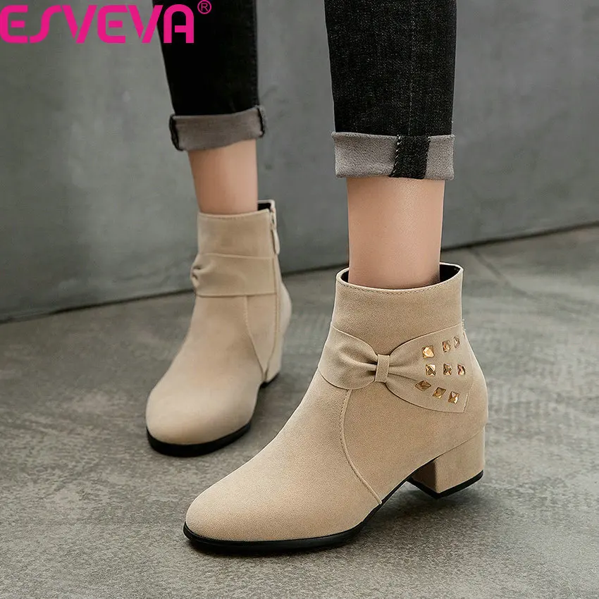 

ESVEVA 2020 Flock Fashion Square High Heel Round Toe Zipper Ankle Boots Autumn Winter Sweet Butterfly-Knot Women Shoes Size34-43