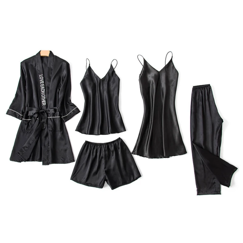 

2020 Women Pajamas 5 Pieces Sets Silk Satin Solid Pyjama Set Sexy Pajamas with Pad Lace Night Suits Sleepwear Home Clothes