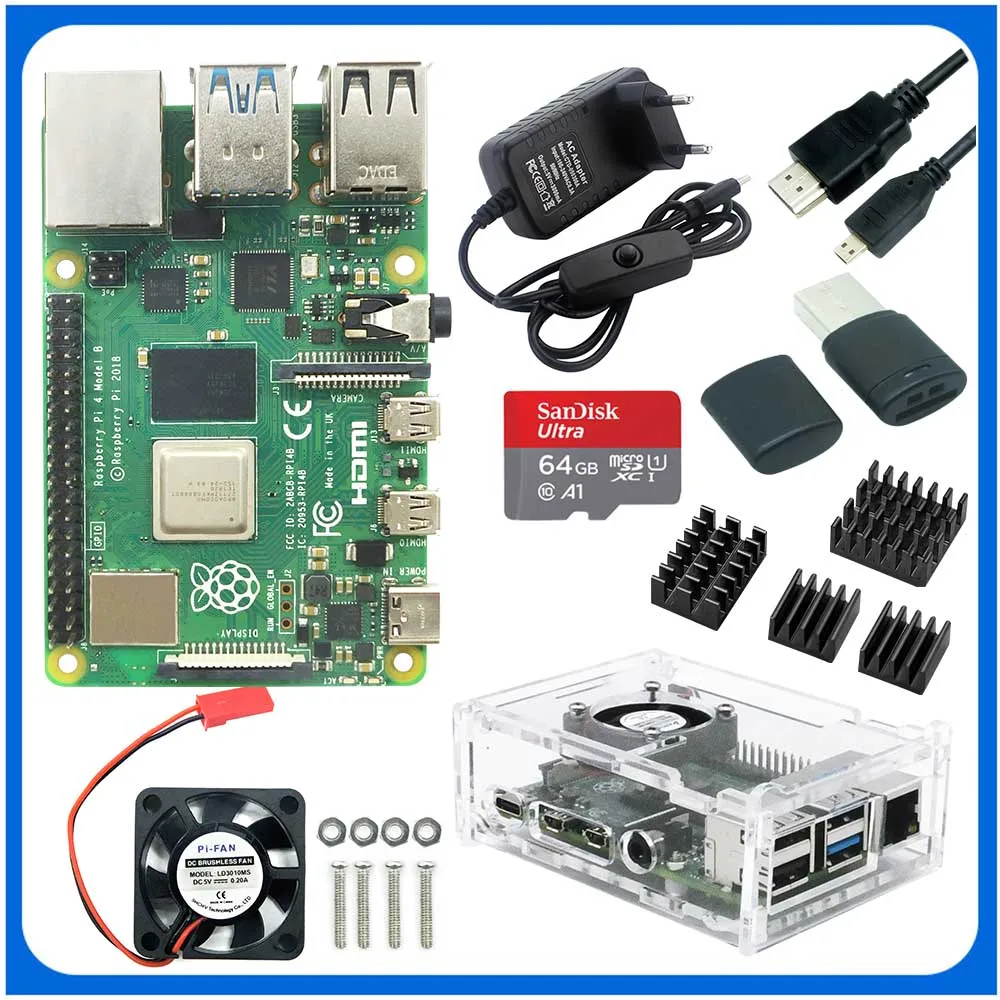Плата Raspberry Pi 4 Model B в комплекте с алюминиевым чехлом радиатором переключателем