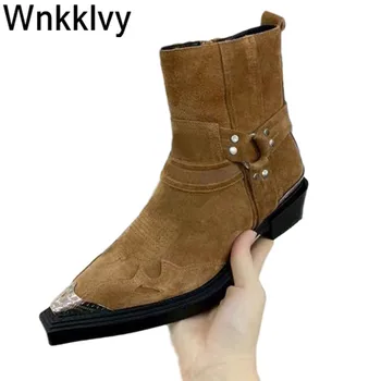 

Embroidery mid heel short boots Woman real suede metal decor Ankle botas spring winter shoes handsome motorcycle short boots