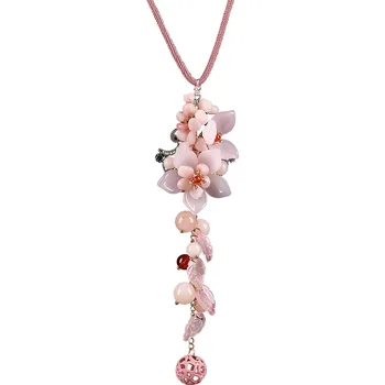 

Leaf And Petal Anniversary Flower Long Necklace Women Fashion Jewelry Pink Glaze Stone Wedding Fine Cute Long String Pendants