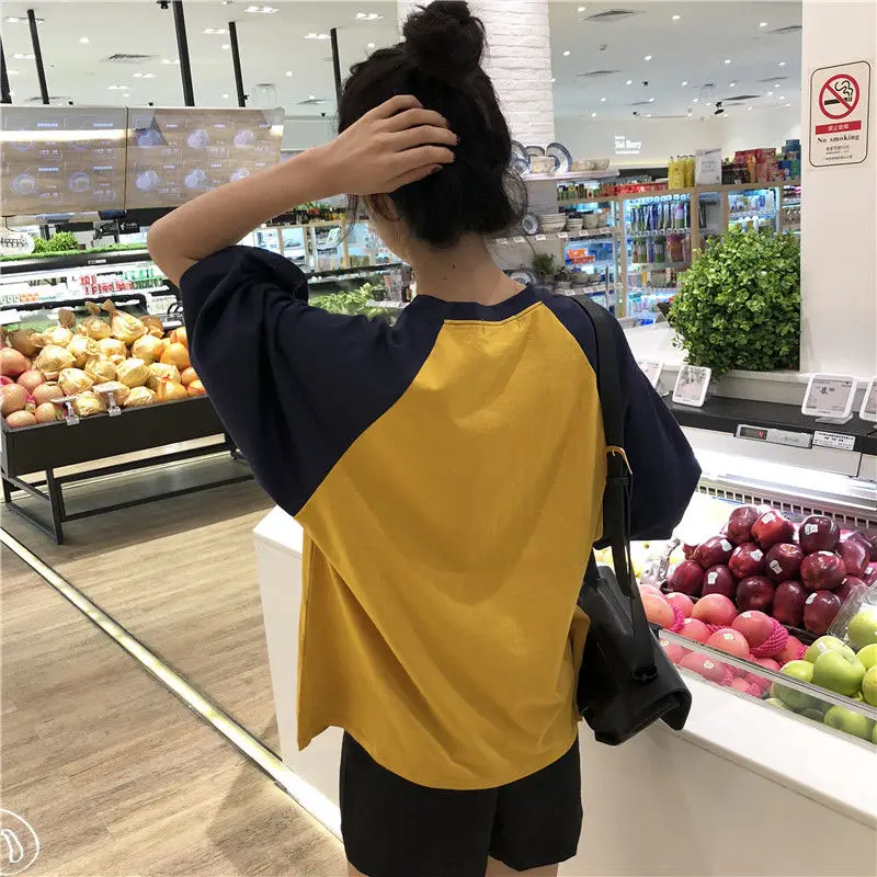 Women 5 Quarter Short Raglan Sleeve T-shirts Casual Patchwork Loose PopularO-neck Lazy Korean Style Simple Vintage584_voghion.com