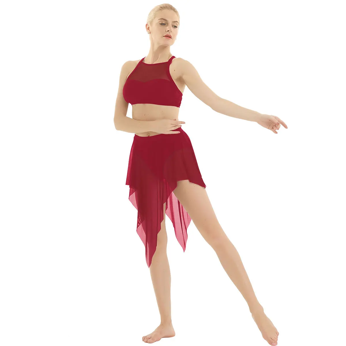 Женское платье на взрослого танцевальный балетный костюм лирического танца без рукавов крест-накрест на спине жилет укороченный топ с асимметричной сетчатой юбкой