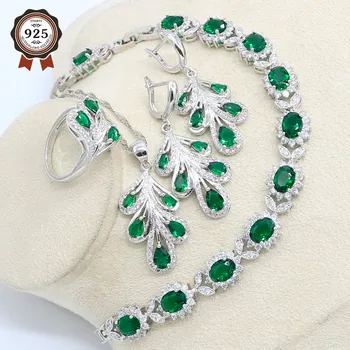 

Silver Color Jewelry Set Green Zircon White Crystal Costume For Women Stones Leaves Earrings Rings Bracelet Necklace Set