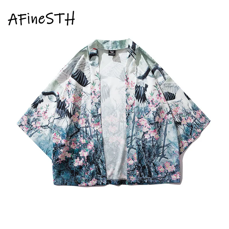 

AFineSTH Chinese Elements Man Shirt Crane Floral Print Shirt Loose Personality New 2019 Autumn Hip Hop Man Shirt Streetwear