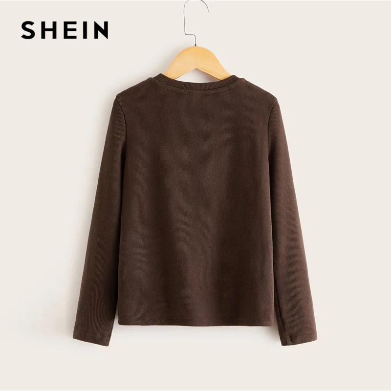 SHEIN Kiddie/коричневая трикотажная футболка в рубчик для девочек и асимметричный подол, сарафан, Вельветовая юбка, комплект, весенняя одежда с длинными рукавами и поясом в консервативном стиле