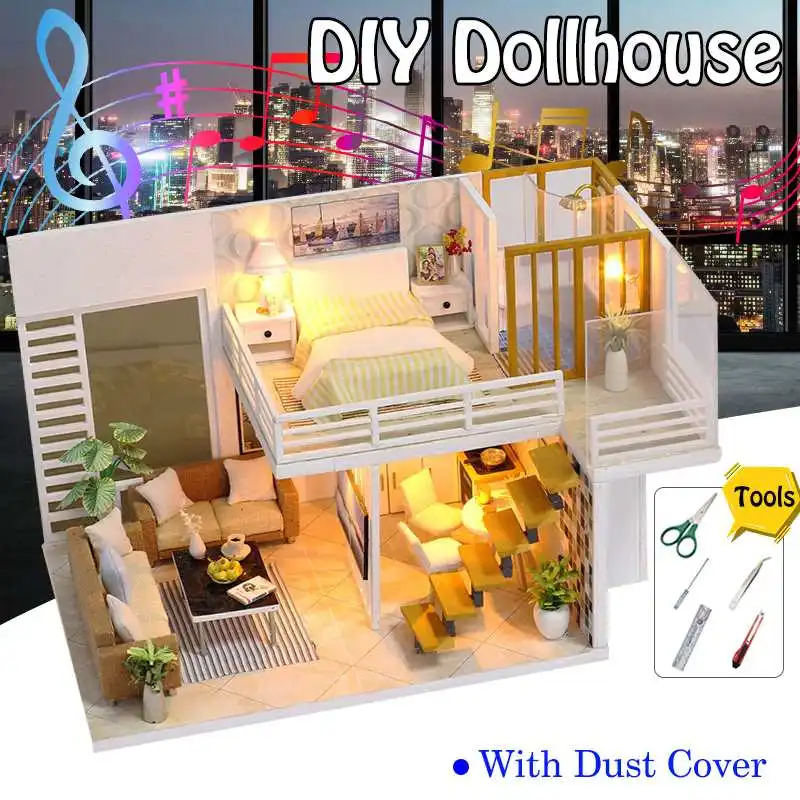 Светодиодный светильник, музыкальный DIY кукольный домик, комплект миниатюрной мебели, Мини Деревянный Лофт, квартира, комната, домашний декор, подарки с инструментами DIY, пылезащитный чехол