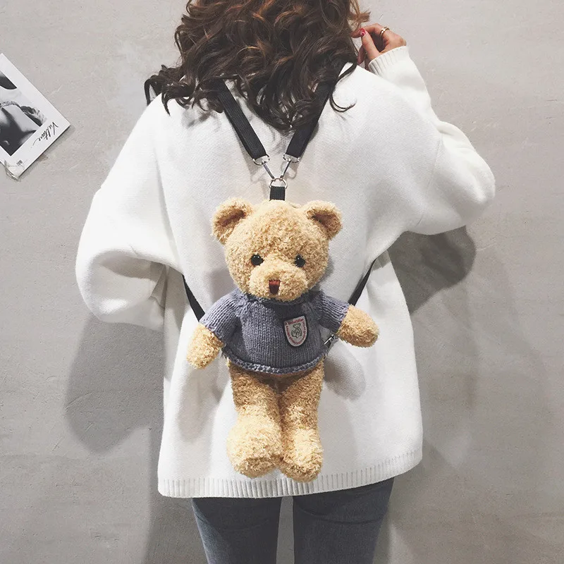 New Cute Brown Teddy Bear Plush Backpack Movie Cartoon Bear in Clothes Toys Dolls Key Phone Coin Bags Schoolbag Gift for Kids Girls  (4)
