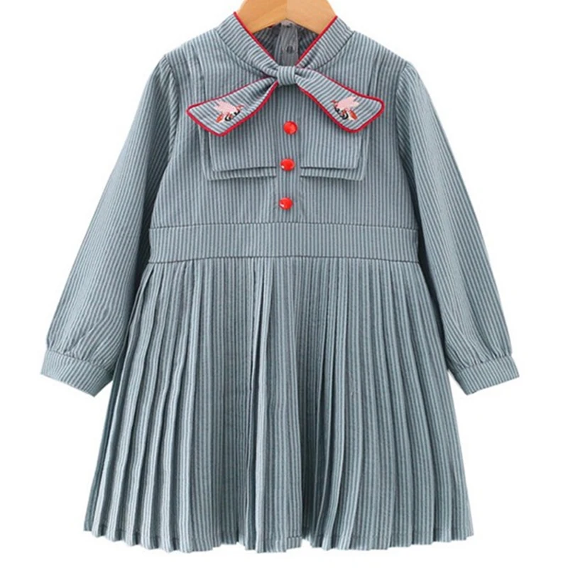 Baby Girls Dress Autumn Children Clothes Spring Long Sleeve Straped Bow Pleated Dress for Girl Kids Princess Dresses 2 7 Years