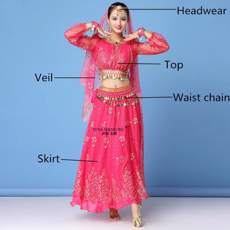 Rose 5pcs Bollywood Dress Costume Women Set Indian Dance Sari Belly Dance Outfit Performance Clothes Chiffon Top+Skirt+Waist chain 8pcs - Цвет: Rose 5pcs