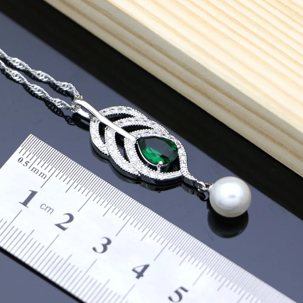 Silver 925 Bridal Pearls Jewelry Sets Natural Green Zircon Women Wedding Earrings Adjustable Ring Bracelets Necklace Set