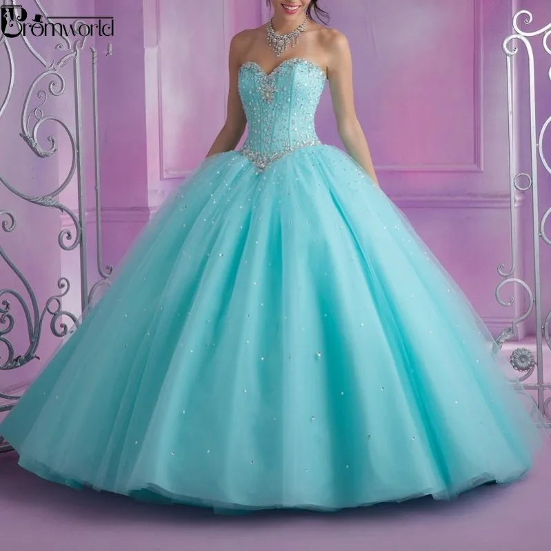 Бирюзовые пышные Дешевые Бальные платья vestido 15 anos милые вечерние платья из тюля с бисером и кристаллами 16 - Цвет: picture color