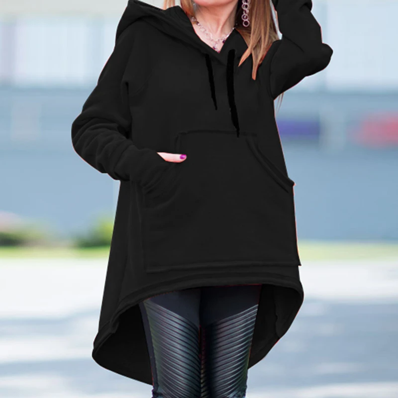 ZANZEA Асимметричные толстовки женские свитшоты осенние пальто толстовки с длинными рукавами однотонная верхняя одежда женские пуловеры с карманами - Цвет: Черный