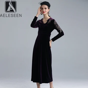 

AELESEEN 2020 New Fashion High Quality Velvet Party Dresses Women Luxury Embroidery Shoulder English Style Mid-Calf Dress