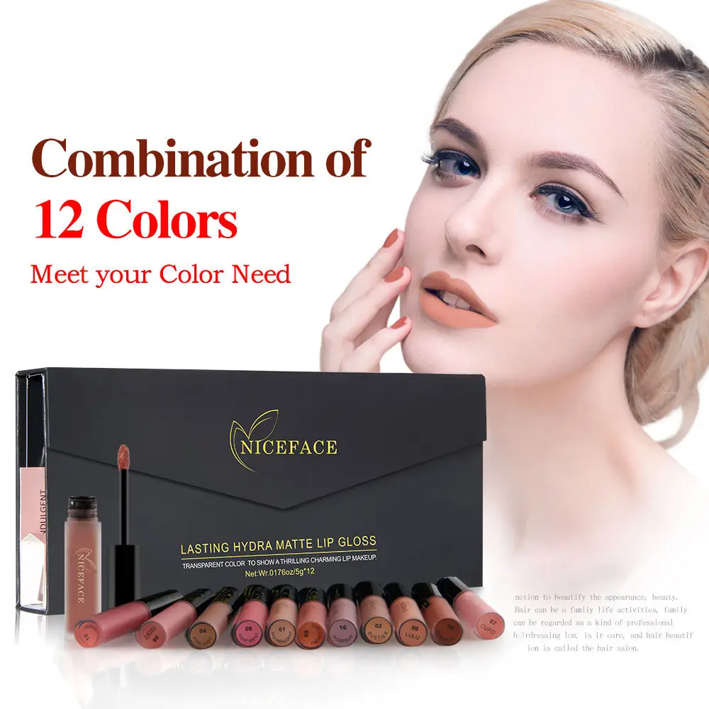 NICEFACE 12 Colors Lip Gloss Matte Liquid Lipstick Hot Sexy Lip Paint Waterproof Long-lasting Makeup Tool Cosmetic Kit Drop Ship