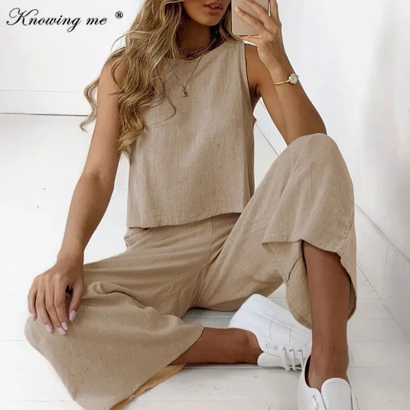 

Комплект из 2 предметов женский из хлопка и льна, Свободный пуловер с круглым вырезом и брюки с широкими штанинами, элегантный однотонный семейный костюм, 3XL, на лето