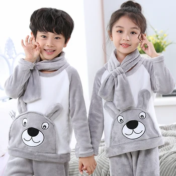 

Winter Children Thicken Warm Flannel Pajamas Fleece Girls Sleepwear Coral Fleece Kids Homewear Boy Long Pant Give The Same Scarf