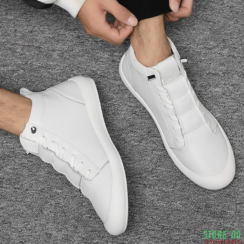 

Мужские высокие кроссовки, 100% натуральная кожа, Модная белая Уличная обувь для молодых людей