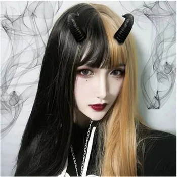 

MANWEI Women Long Synthetic Wigs Patchwork Black Gold Straight Ombre Hair For Halloween Cosplay Black mixed pink