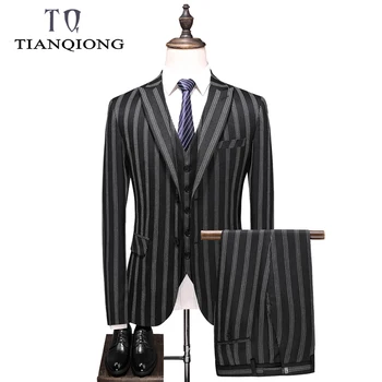 

TIAN QIONG Brand Stripe Suit for Men Groom Best Wedding Suits 2020 Slim Blazers Tuxedos Business Casual Jacket+Vest+Pants