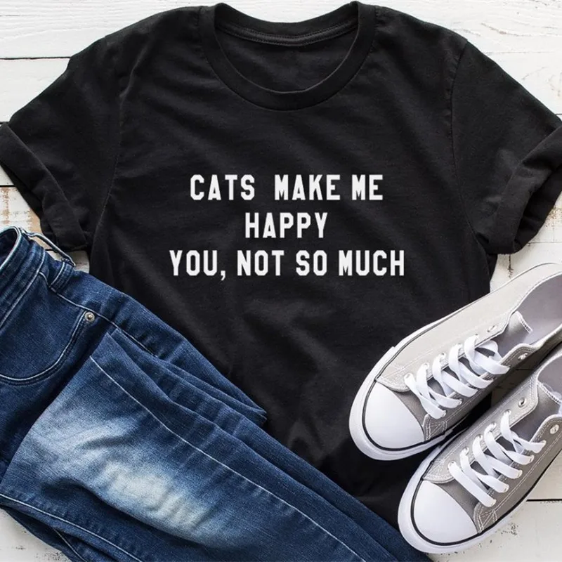 Женская футболка с надписью Cats make me happy забавная Повседневная коротким рукавом