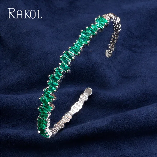 Green RAKOL AAA+ кубический цирконий багет Bijoux манжета Теннисный браслет и браслет с розовым золотом женские свадебные ювелирные изделия - Окраска металла: Green