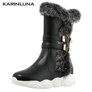 

karinluna Non-Slip Snow Winter Short Plush Keep Warm Flat with Mid-calf Boots Waterproof Round Toe Buckle Straps women shoes