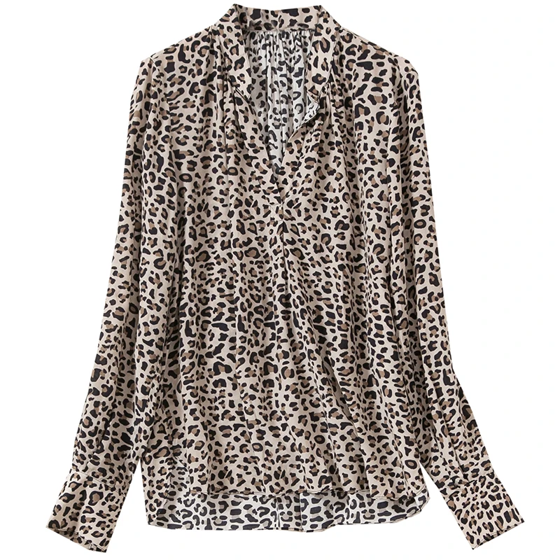 

2020 Spring Summer Leopard Print V Neck Blouse Women Casual Loose Long Sleeve Top Blouse