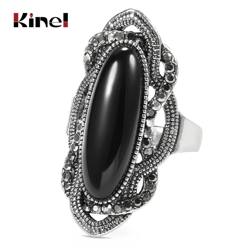 Finger Ring Silver Ring Bohemian Black Stone Ring Silver Color Mosaic AAA Gray Crystal Big Oval Rings For Women Vintage Jewelry finger ring silver ring