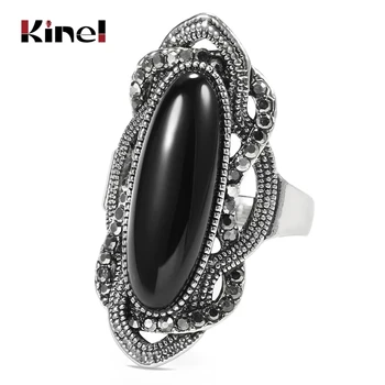 Kinel Top Quality Bohemian Black Stone Ring Silver Color Mosaic AAA Gray Crystal Big Oval Rings For Women Vintage Jewelry