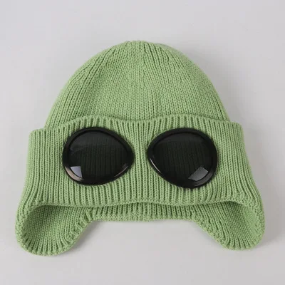 Fashion Cool Cashmere Knitted Hat With Sunglasses Female Winter Sports Cap Protect Neck Warm Outdoor Skiing Cap - Цвет: Fruit green