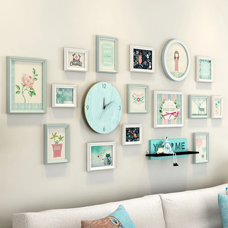 

Light Green Frames For Pictures Fresh Decoration For Living Room 15 pcs/set Picture Frame Combination Quality Wooden Photo Frame