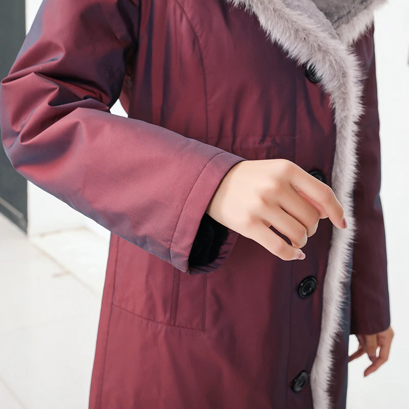 Модная женская зимняя парка из натурального меха норки бордового цвета 104 см, длинное пальто с капюшоном из меха норки и манжетами, Повседневная теплая меховая парка