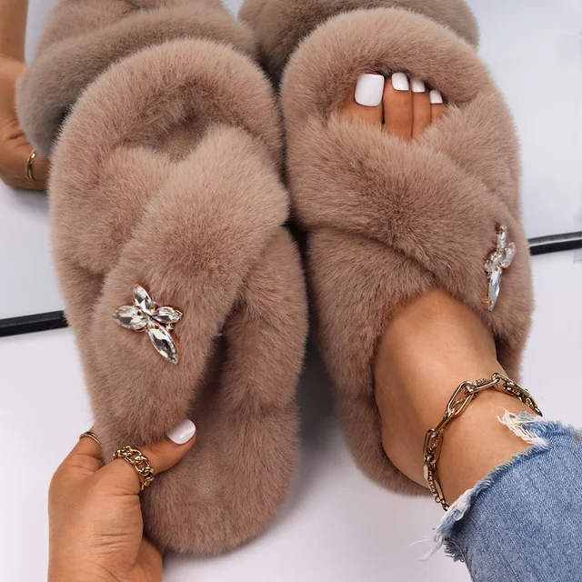 Fluffy Slippers Women Crystal Flower Decor Furry Sandals Elegant Ladies Home Flip Flops Faux Fur Slides Luxury Designer Shoes Khaki6
