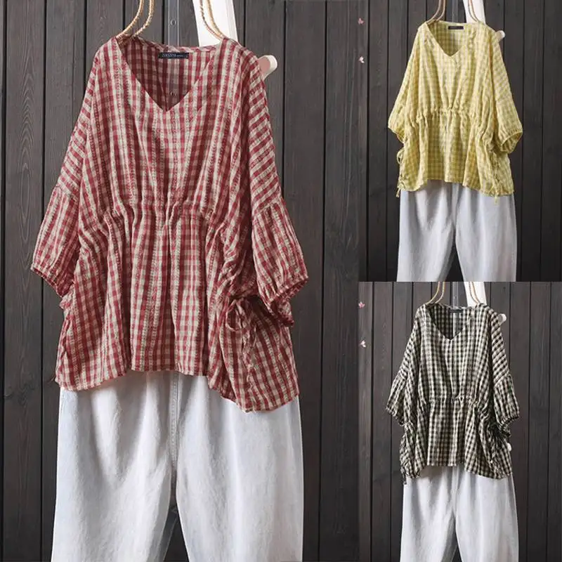 

2019 Summer Blouse Women Vintage Plaid Check Shirt ZANZEA Womens Casual Loose Drawstring Waist Blusas Tunic Tops Chemiser Mujer