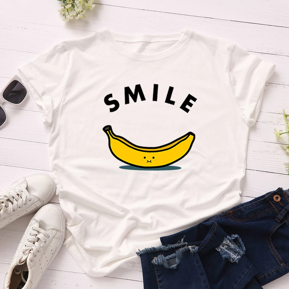 Женская футболка с буквенным принтом и смайликом, хлопковая футболка с коротким рукавом, топы размера плюс, принт с фруктами и бананами, футболки, уличная одежда для девочек - Цвет: Белый