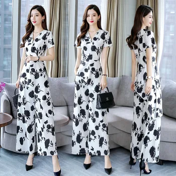 

Chiffon Printed Shirt + Wide Leg Pants Suit 2020 New Summer Pants Two-Piece Fashion Office Chiffon Shirt Suit