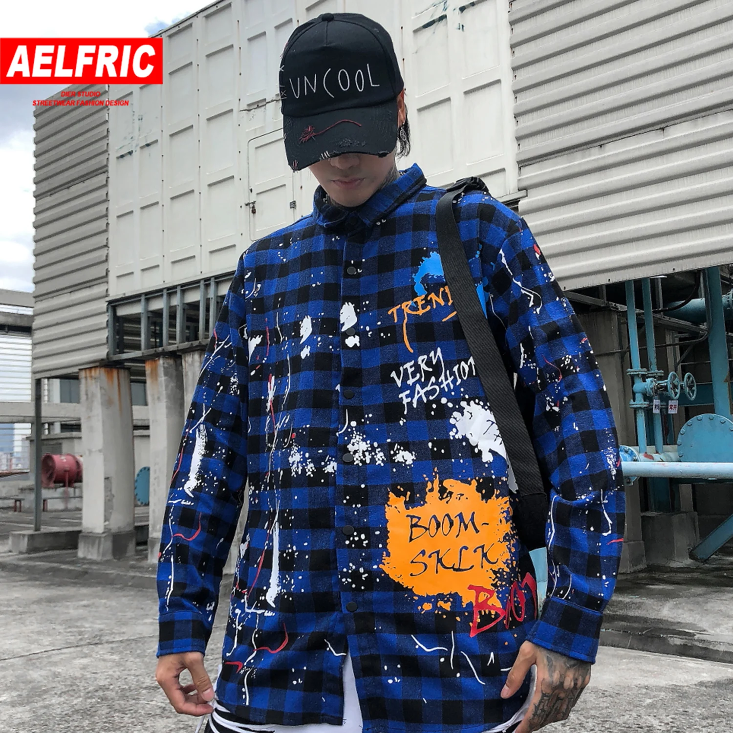 AELFRIC модная клетчатая забавная футболка с рисунком граффити Мужская Harajuku уличная Хип Хоп Топы повседневные хлопковые мужские с длинным рукавом негабаритных