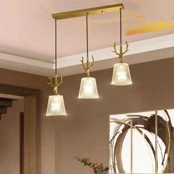 

Postmodern LED Copper Art Pendant Lamp Lighting Nordic Golden Luster Deer Head Pendant Lights LOFT Living Room Bar Hanging Lamp