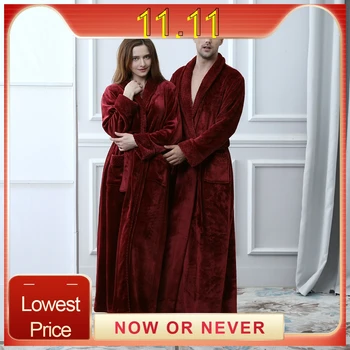 

Women Winter Plus Size Long Warm Flannel Bathrobe Bride Cozy Hooded Bath Robe Pregnant Zipper Night Dressing Gown Men Sleepwear