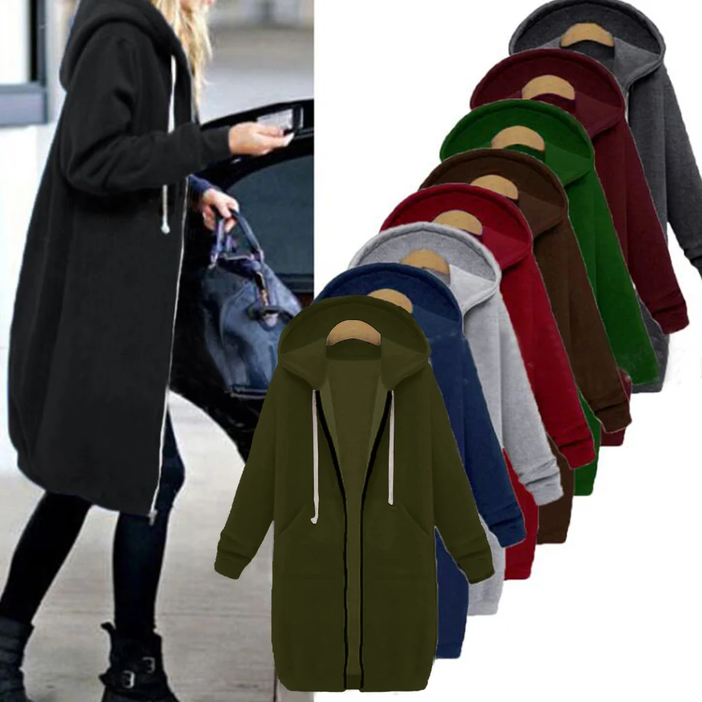  2019 Autumn Winter Casual Women Long Hoodies Sweatshirt Coat Zip Up Outerwear Hooded Jacket Plus Si