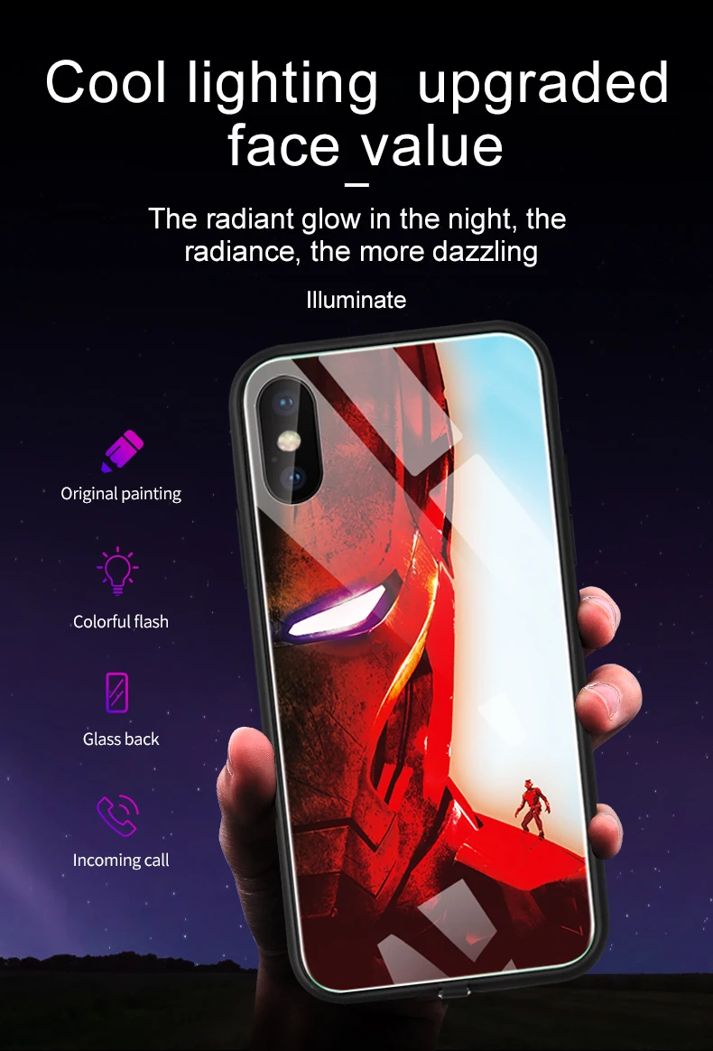 Чехол Marvel iron man для iPhone XS MAX XR X 6 7 8 6S Plus, светодиодный фонарик, напоминание о входящем светящемся стекле