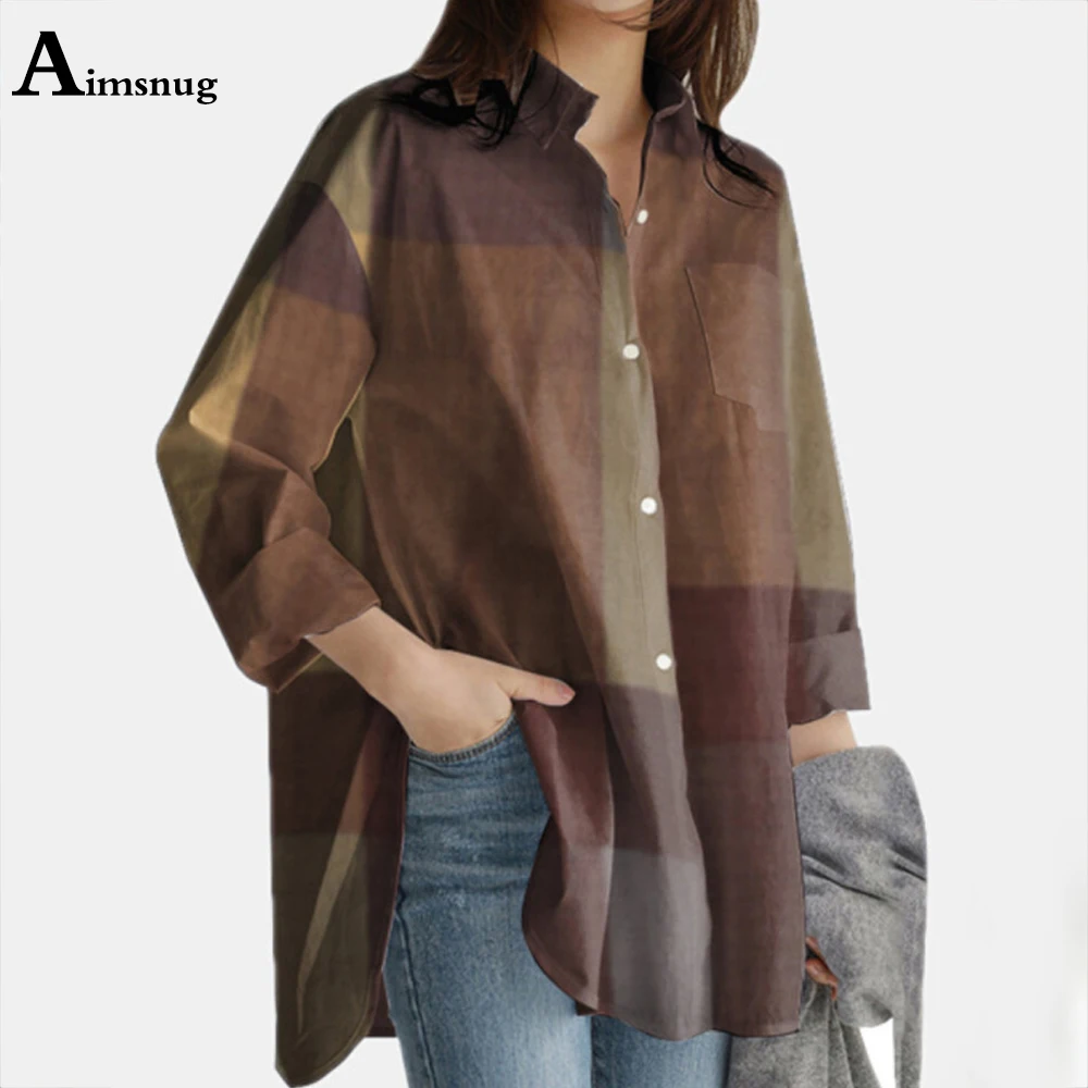 Contrast Color Plaid Long Sleeve Lapel Single Breasted Casual Loose Short Blouse