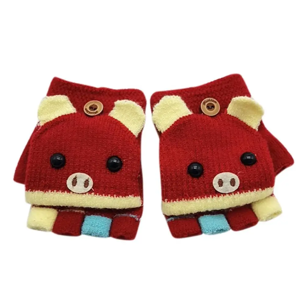 Детские осенне-зимние теплые вязаные перчатки с откидной крышкой без пальцев Рукавицы мультфильмы милые перчатки хорошего качества