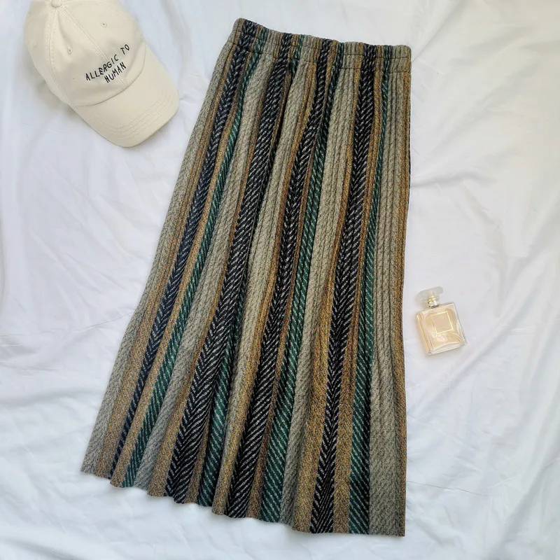 Striped 6 Винтажные клетчатые гофрированные длинные юбки зимние женские панк-рок корейские шерстяные юбки уличная юбка миди с эластичной резинкой на талии - Цвет: Striped 6