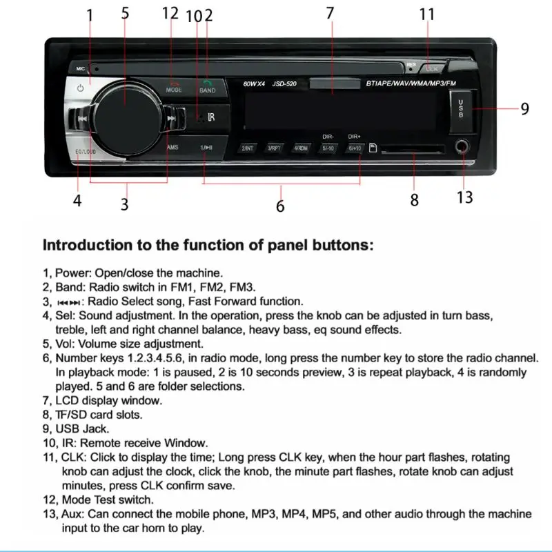 12 в 1 Din JSD-520 автомобиль радио USB TF MP3 WMA плеер с радиоприемник автомобиля